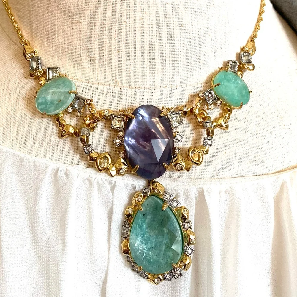 ALEXIS BITTAR • NEW Elements Amazonite Mother-Of-Pearl Crystal Bib Necklace